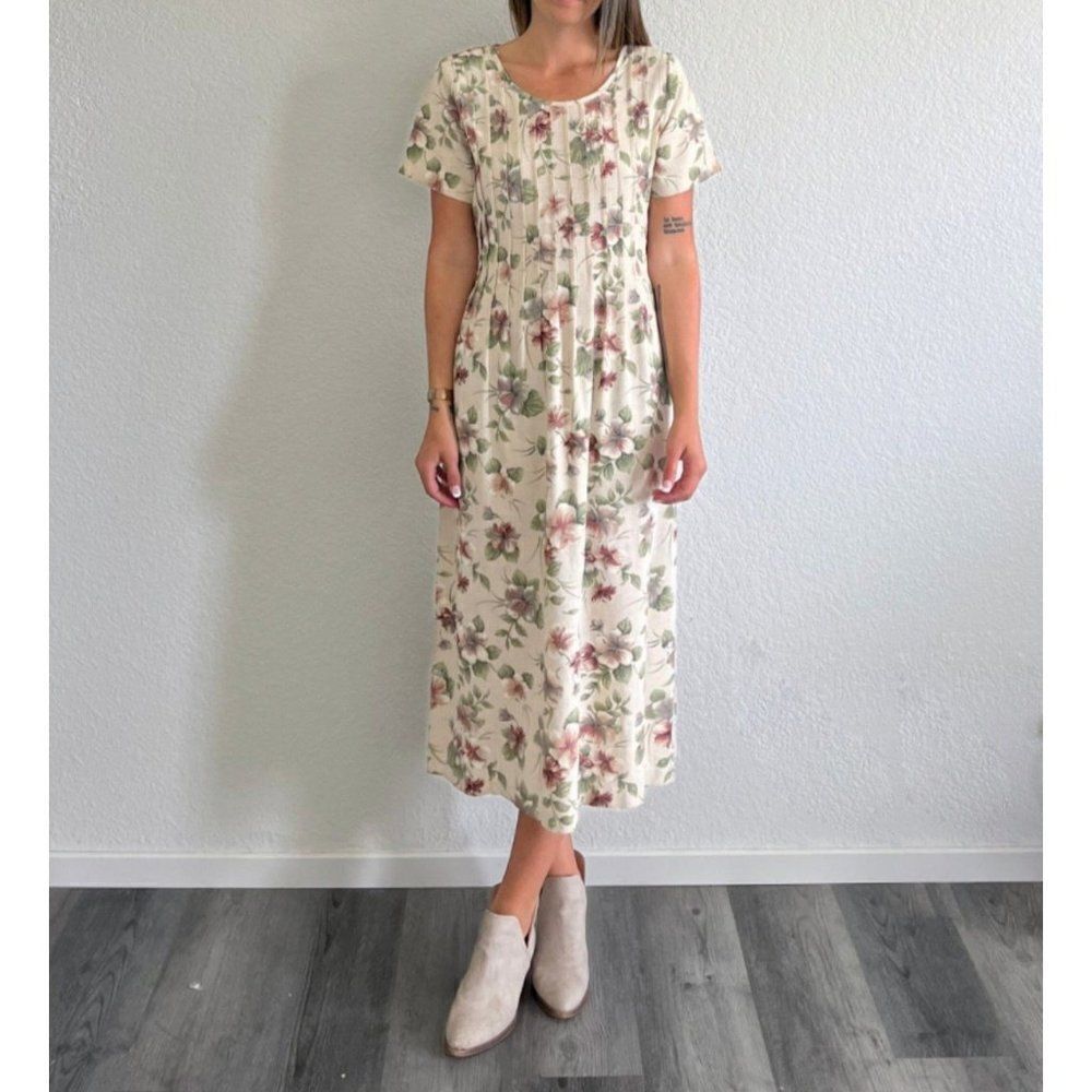 Molly Malloy Vintage 90s Beige Southern Pleated Floral Tie Back Linen Size L